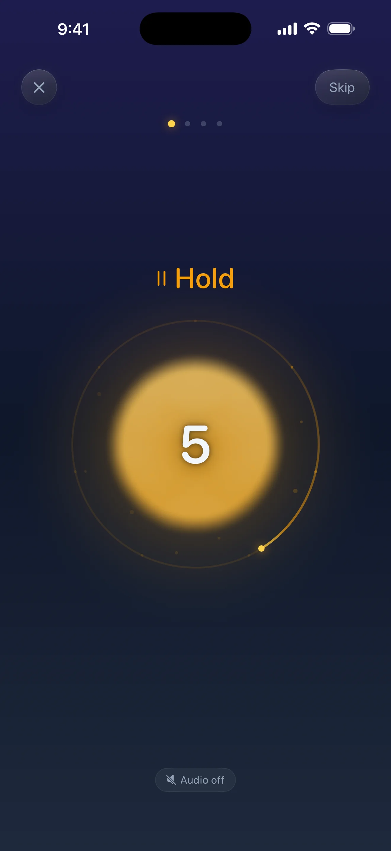 My Evening’s guided breathing screen, on Hold with five seconds left, in the first of four cycles.