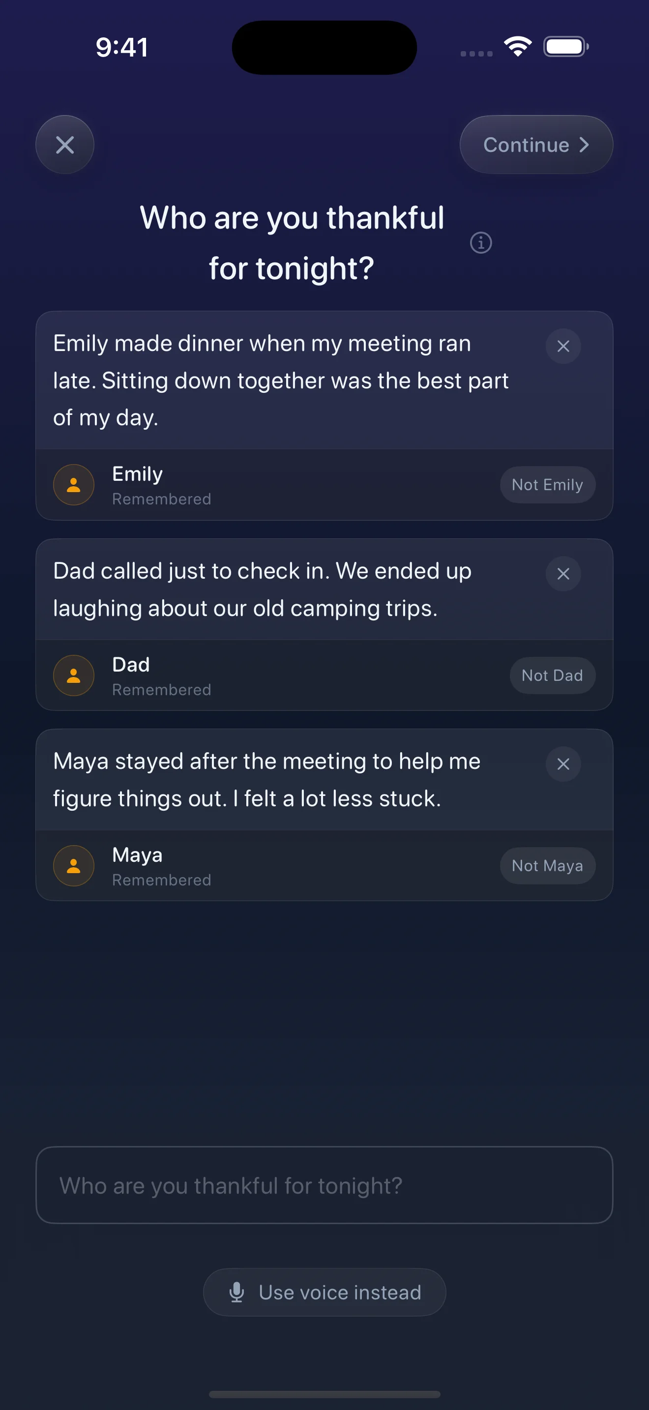 My Evening gratitude entries about Emily making dinner, a call from Dad, and Maya helping after a meeting.