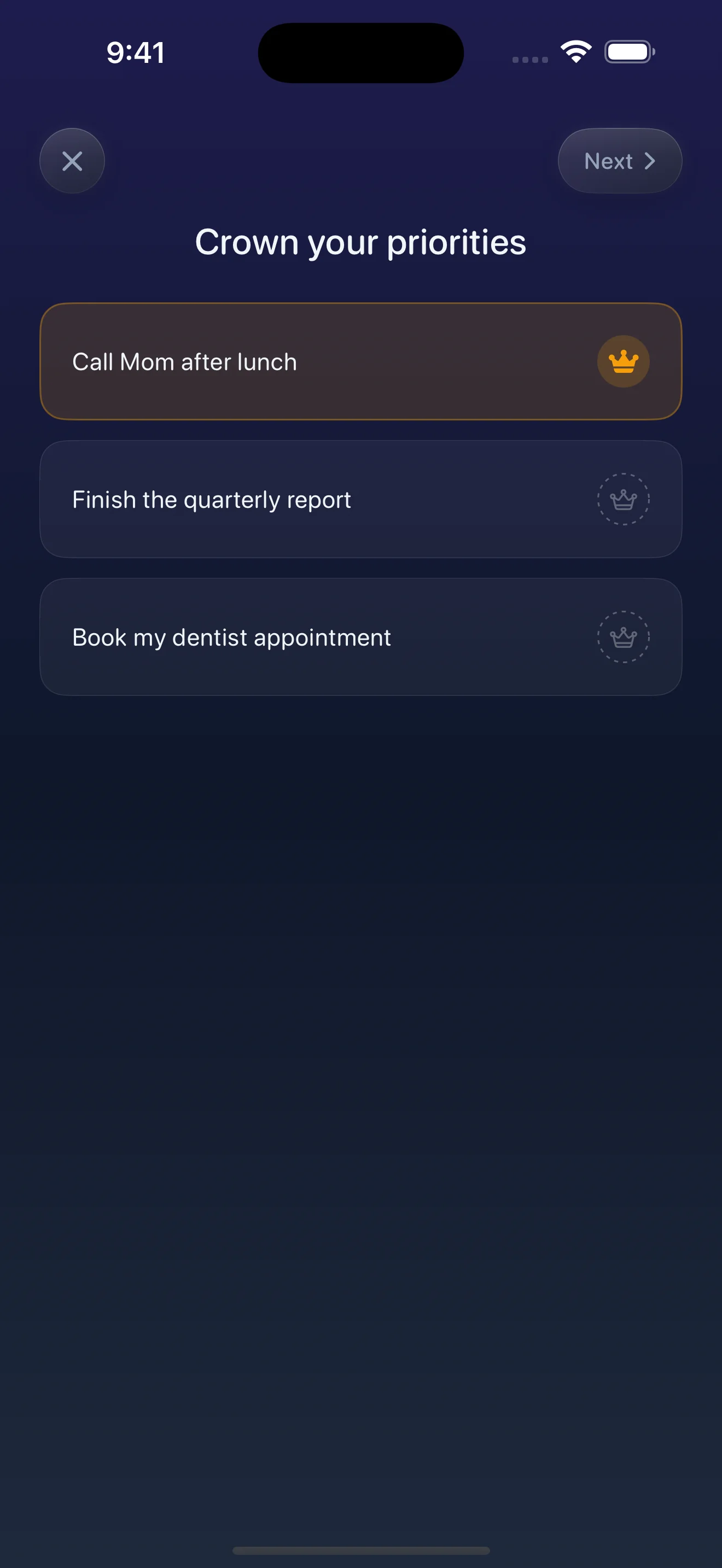 My Evening’s Plan Tomorrow screen with Call Mom after lunch selected as a priority, alongside the quarterly report and dentist appointment.